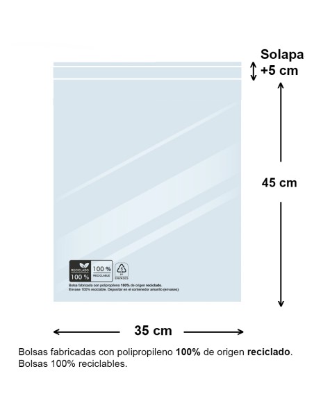 Bolsas de Polipropileno con Solapa Adhesiva 100% Material Reciclado 35 x 45 cm + 5 de Solapa