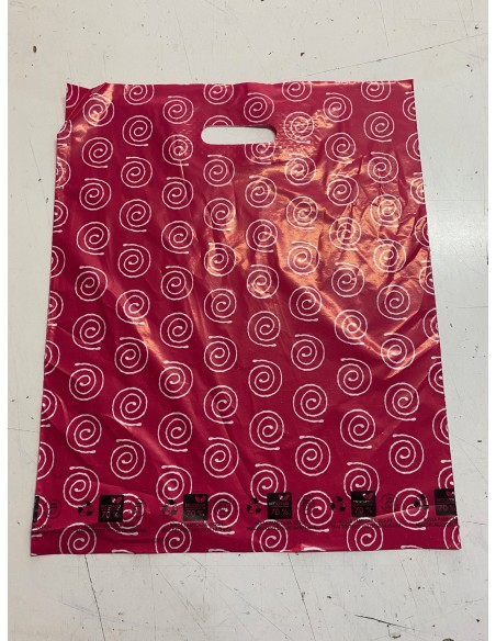 Bolsa Asa Troquel Impresa en Color Rosa de 30 x 40 cms, 70% Reciclada.
