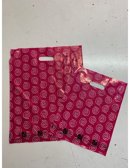 Bolsa Asa Troquel 70% RECICLADO, Impresa en Color Rosa de 40 x 50 cms