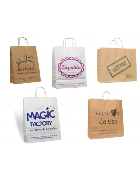 Bolsa de papel asa rizada de 32 + 12 x 41 PERSONALIZADA.